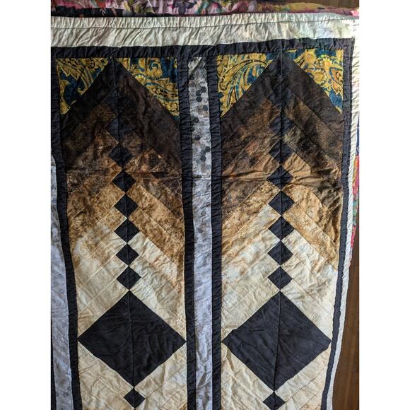 VTG FRENCH BRAID QUILT 1980s-90s Earthtone Ombre Batik Patchwork 67x70" - Picture 7 of 12